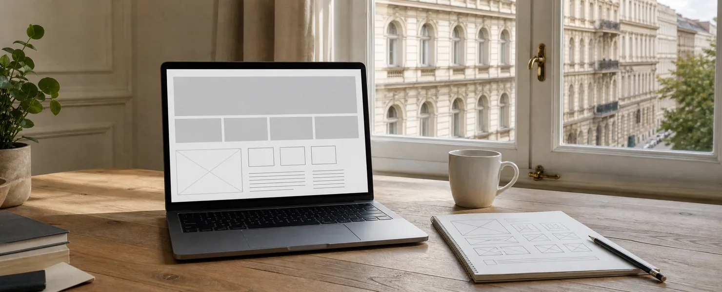 Laptop mit schematischem Website-Layout und Notizblock mit Layoutskizze auf einem Schreibtisch vor einem Altbaufenster
